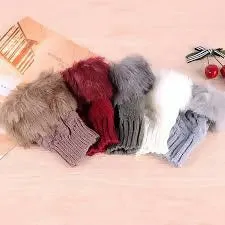 Fashion Women Faux Rabbit Furr Hand Wrist Warmer Winter Fingerless Knitted Gloves