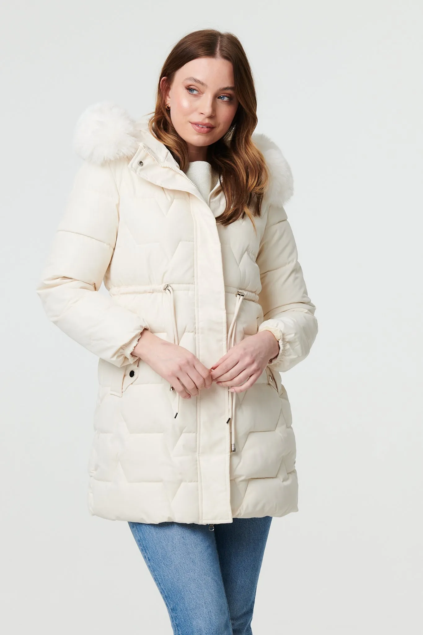 Faux Fur Hooded Tie Waist Puffer Jacket