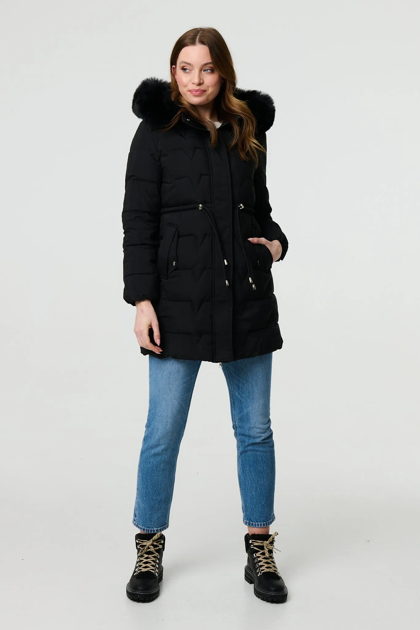 Faux Fur Hooded Tie Waist Puffer Jacket