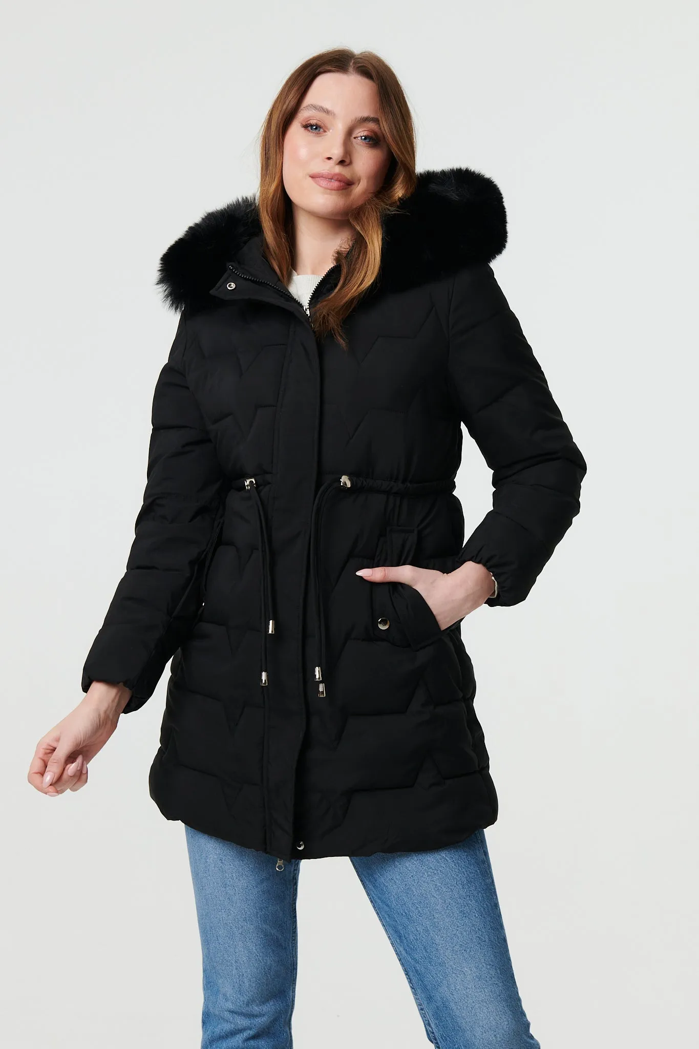 Faux Fur Hooded Tie Waist Puffer Jacket