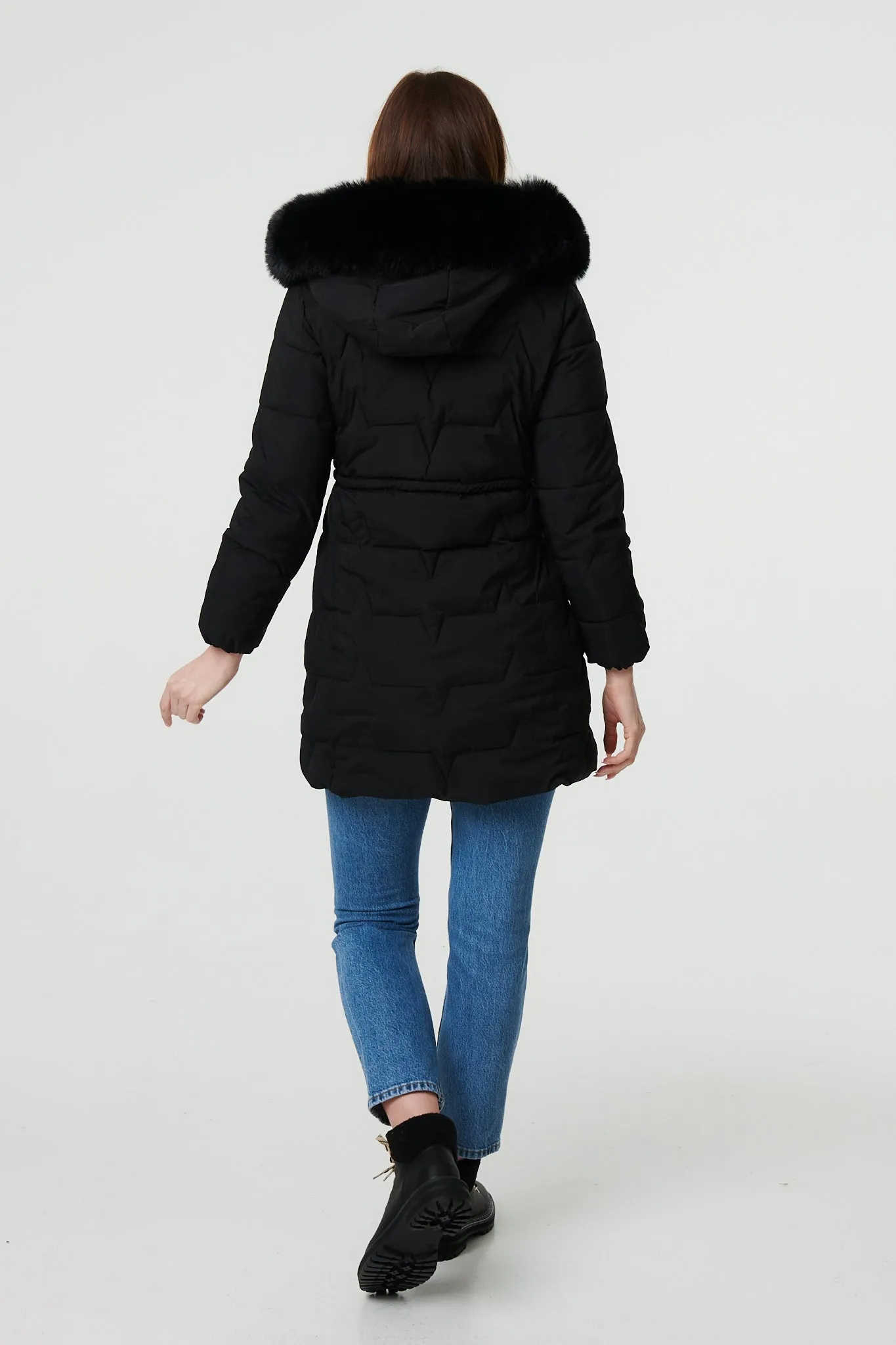 Faux Fur Hooded Tie Waist Puffer Jacket