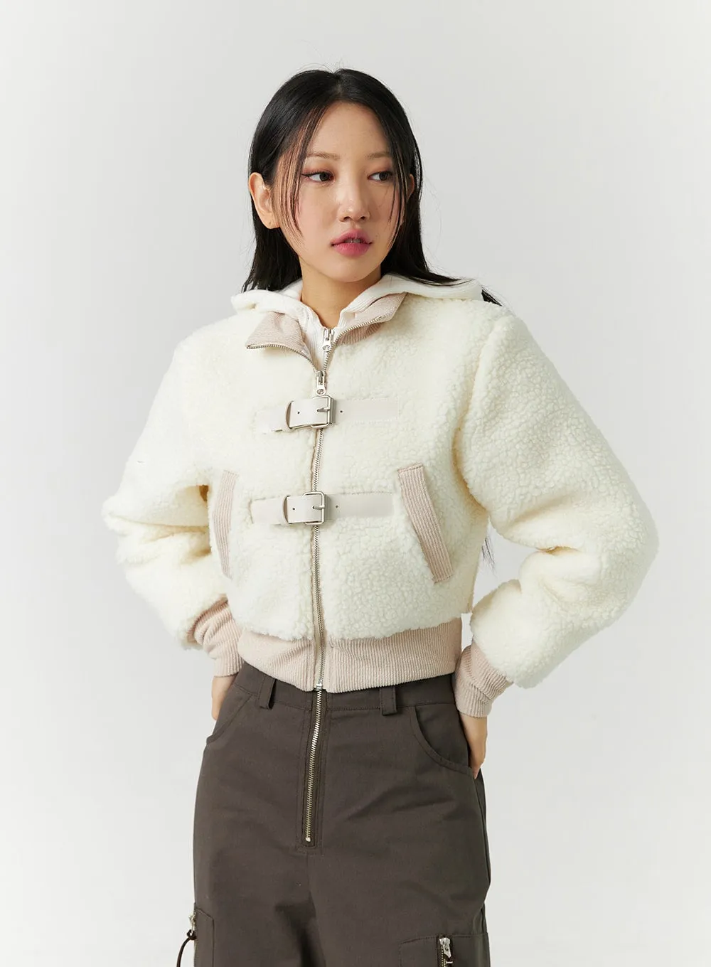 Faux Shearling Buckle Crop Jacket CD301