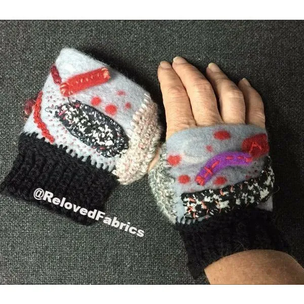 Felt, Embroidered, Knit and Crochet hand shorty gloves. Fingerless, Fingers Free, Hand Warmers, Glovette, Gloves