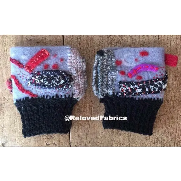 Felt, Embroidered, Knit and Crochet hand shorty gloves. Fingerless, Fingers Free, Hand Warmers, Glovette, Gloves