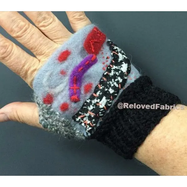 Felt, Embroidered, Knit and Crochet hand shorty gloves. Fingerless, Fingers Free, Hand Warmers, Glovette, Gloves