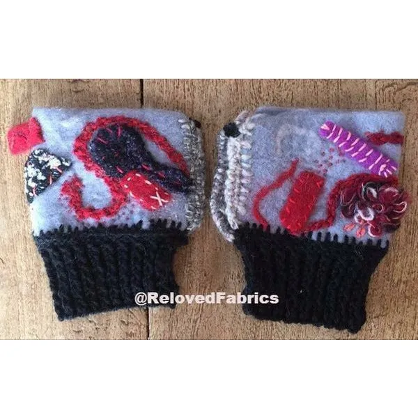 Felt, Embroidered, Knit and Crochet hand shorty gloves. Fingerless, Fingers Free, Hand Warmers, Glovette, Gloves