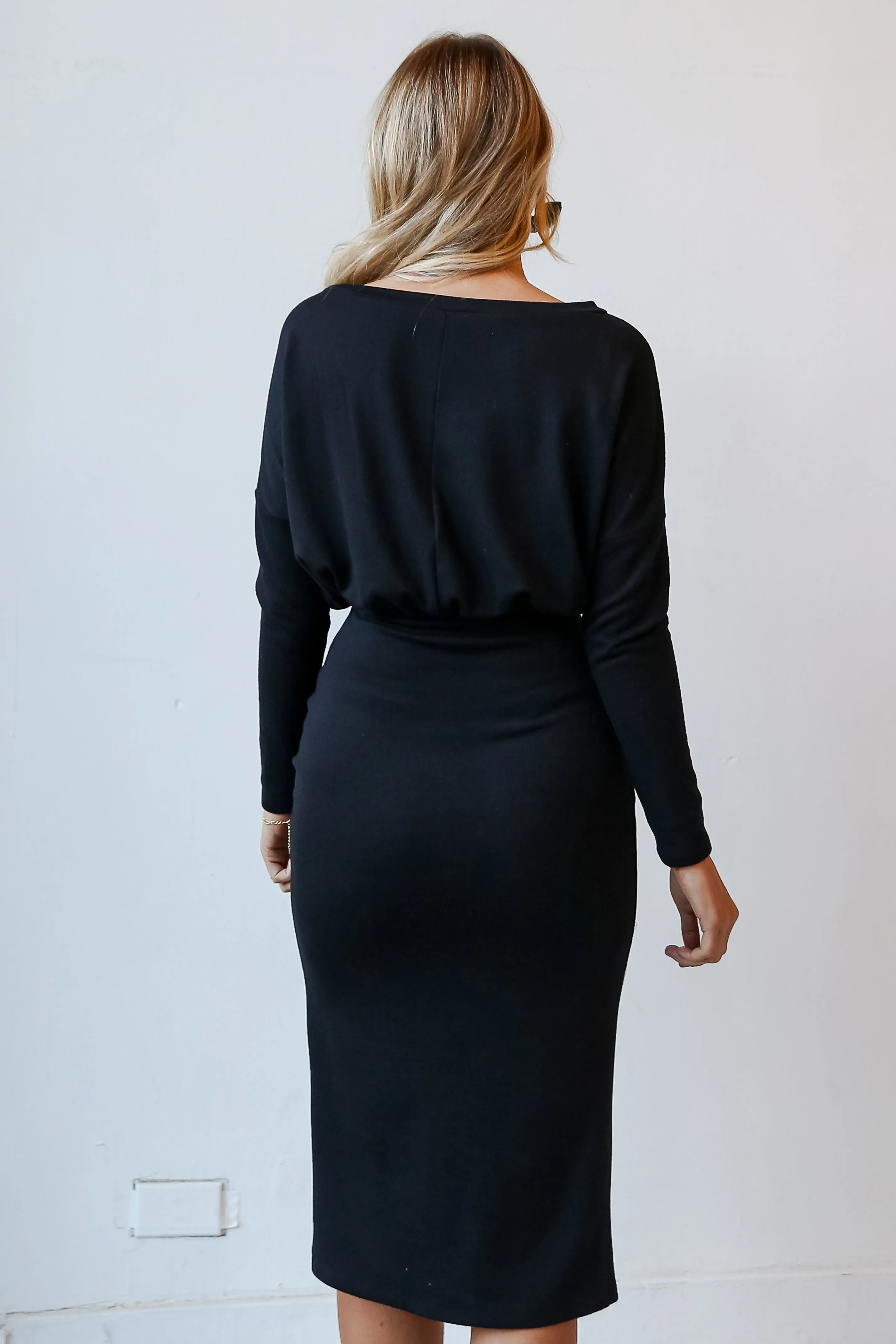 FINAL SALE - Modern Sensation Black Ruched Midi Sweater Dress - DOORBUSTER