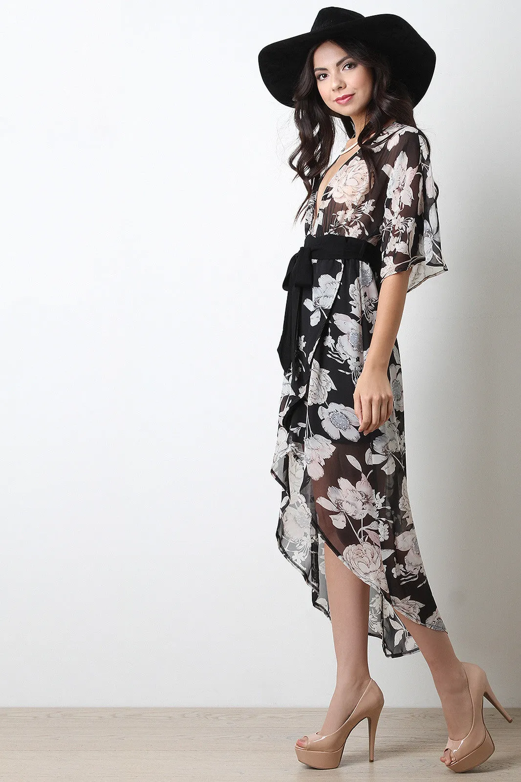 Floral Print Chiffon Open Back Wrap Dress