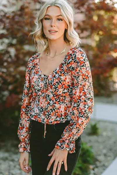 Floral Tied Flounce Sleeve Peplum Blouse