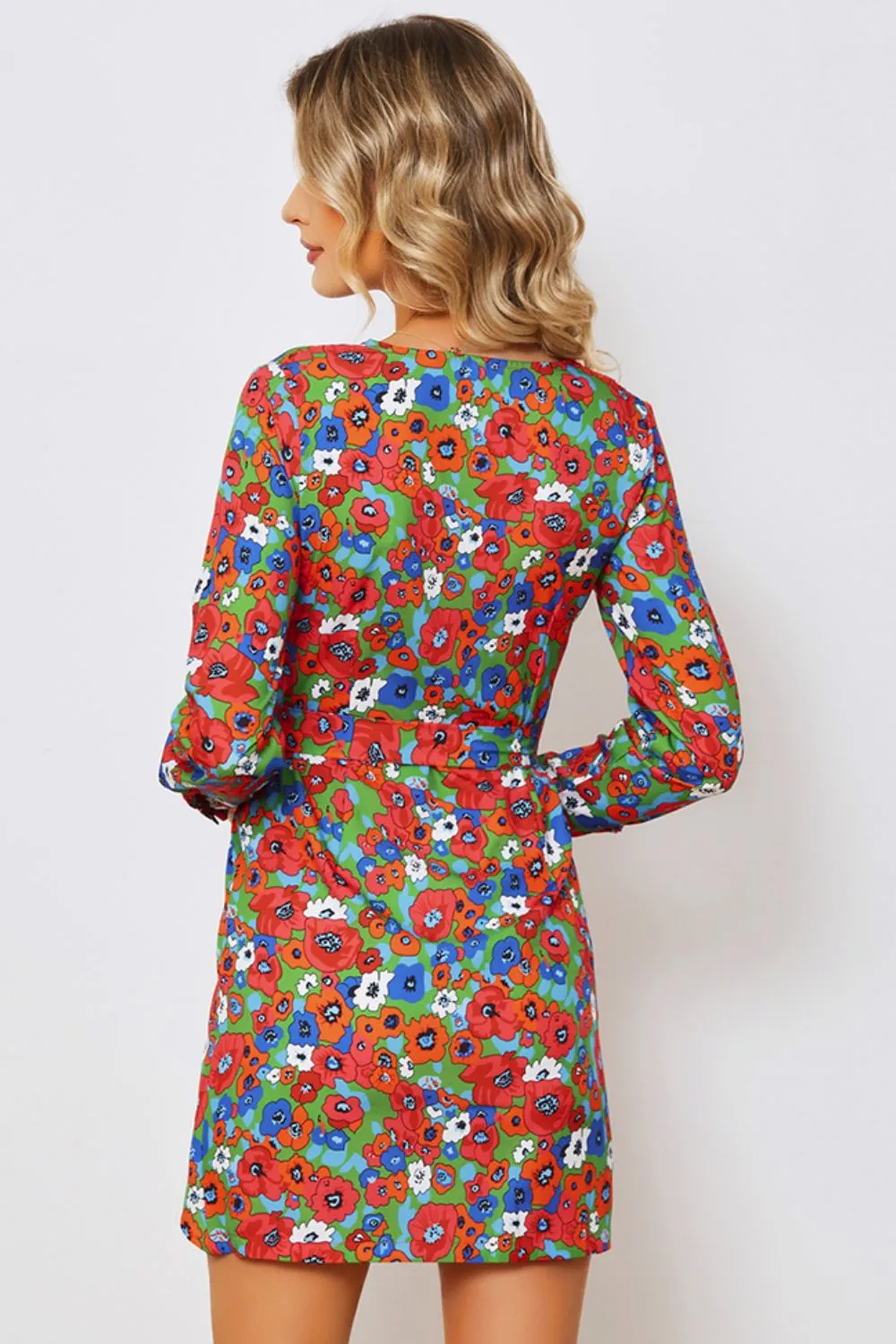 Floral Tied Long Sleeve Plunge Dress