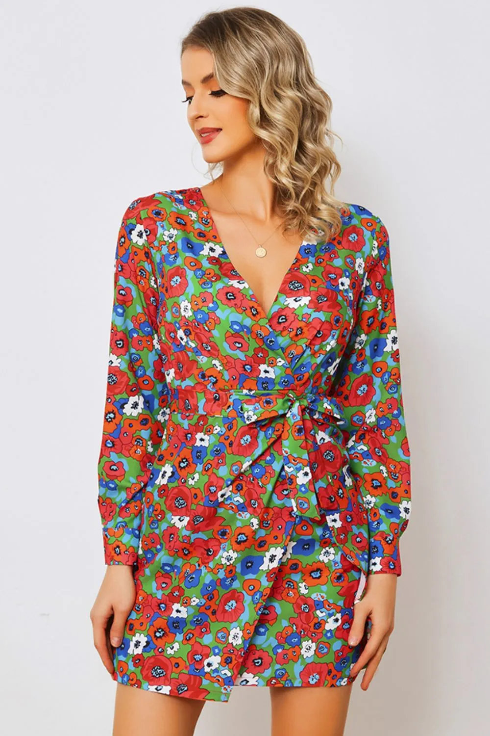 Floral Tied Long Sleeve Plunge Dress