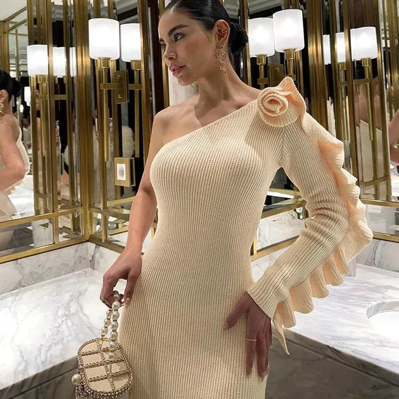 Girlary One Shoulder Ruffled Knitted Sweater Mini Dress Elegant Women 3D Rose Long Sleeve Sexy Slim Gown Dress Lady Autumn New