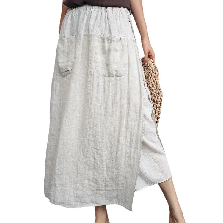 Girlary-shop 2000s fashion Linen Large Slit Culottes One-Piece Women's Spring and Summer Loose plus Size Casual Cropped Pants Fake Two-Piece Cotton Linen Wide-Leg Pants Skirt