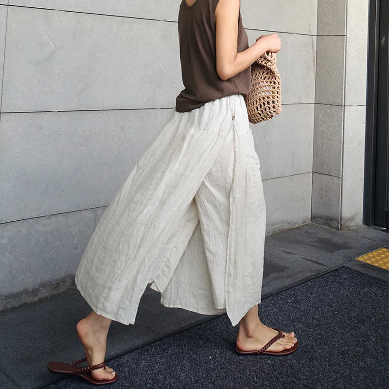 Girlary-shop 2000s fashion Linen Large Slit Culottes One-Piece Women's Spring and Summer Loose plus Size Casual Cropped Pants Fake Two-Piece Cotton Linen Wide-Leg Pants Skirt