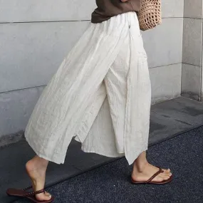 Girlary-shop 2000s fashion Linen Large Slit Culottes One-Piece Women's Spring and Summer Loose plus Size Casual Cropped Pants Fake Two-Piece Cotton Linen Wide-Leg Pants Skirt