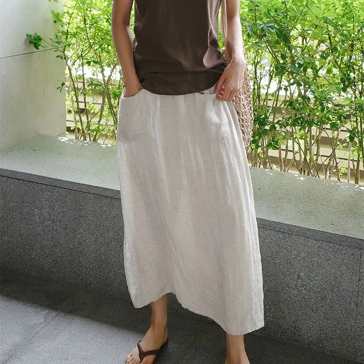 Girlary-shop 2000s fashion Linen Large Slit Culottes One-Piece Women's Spring and Summer Loose plus Size Casual Cropped Pants Fake Two-Piece Cotton Linen Wide-Leg Pants Skirt