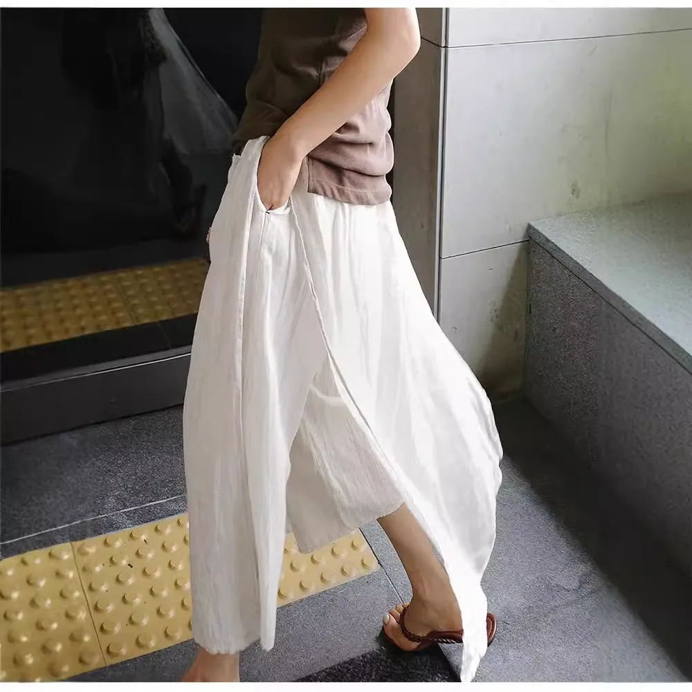 Girlary-shop 2000s fashion Linen Large Slit Culottes One-Piece Women's Spring and Summer Loose plus Size Casual Cropped Pants Fake Two-Piece Cotton Linen Wide-Leg Pants Skirt