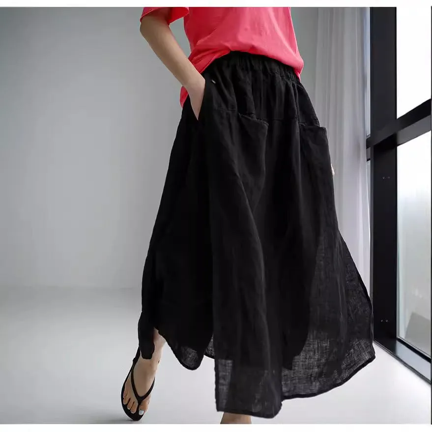 Girlary-shop 2000s fashion Linen Large Slit Culottes One-Piece Women's Spring and Summer Loose plus Size Casual Cropped Pants Fake Two-Piece Cotton Linen Wide-Leg Pants Skirt