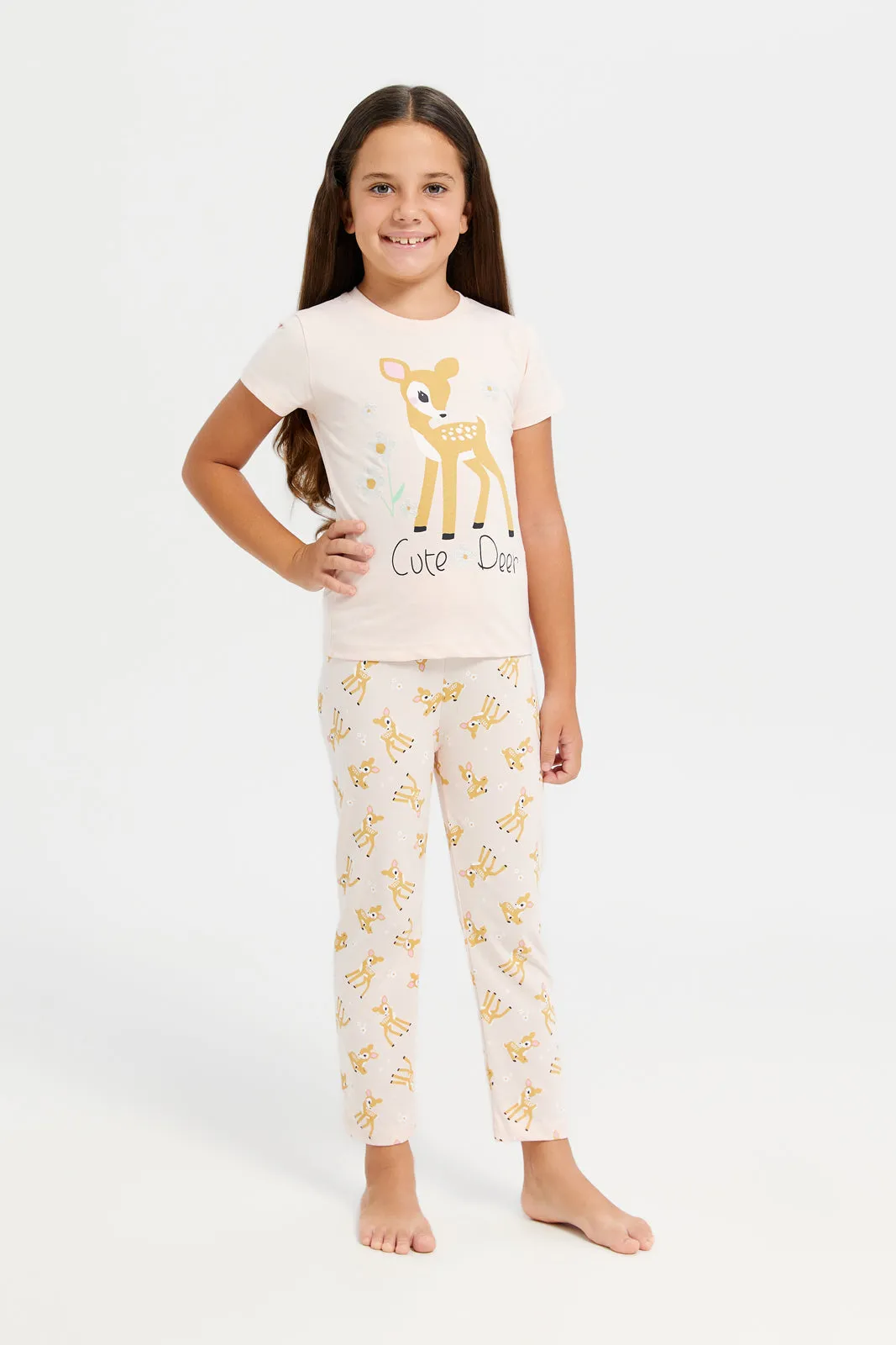 Girls Peach Deer Placement Print Pyjama Set (2 Piece)