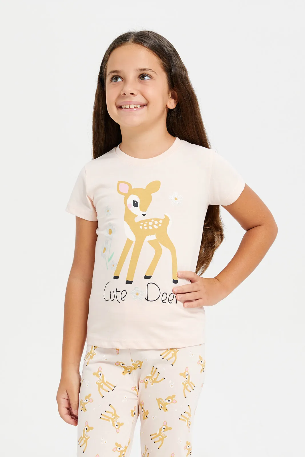 Girls Peach Deer Placement Print Pyjama Set (2 Piece)