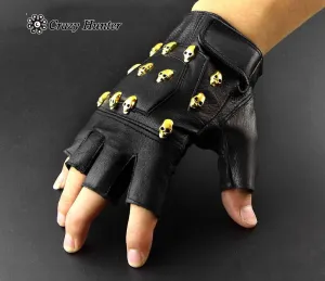 Gold Skull Studded Punk Rocker Real Leather Fingerless Gloves