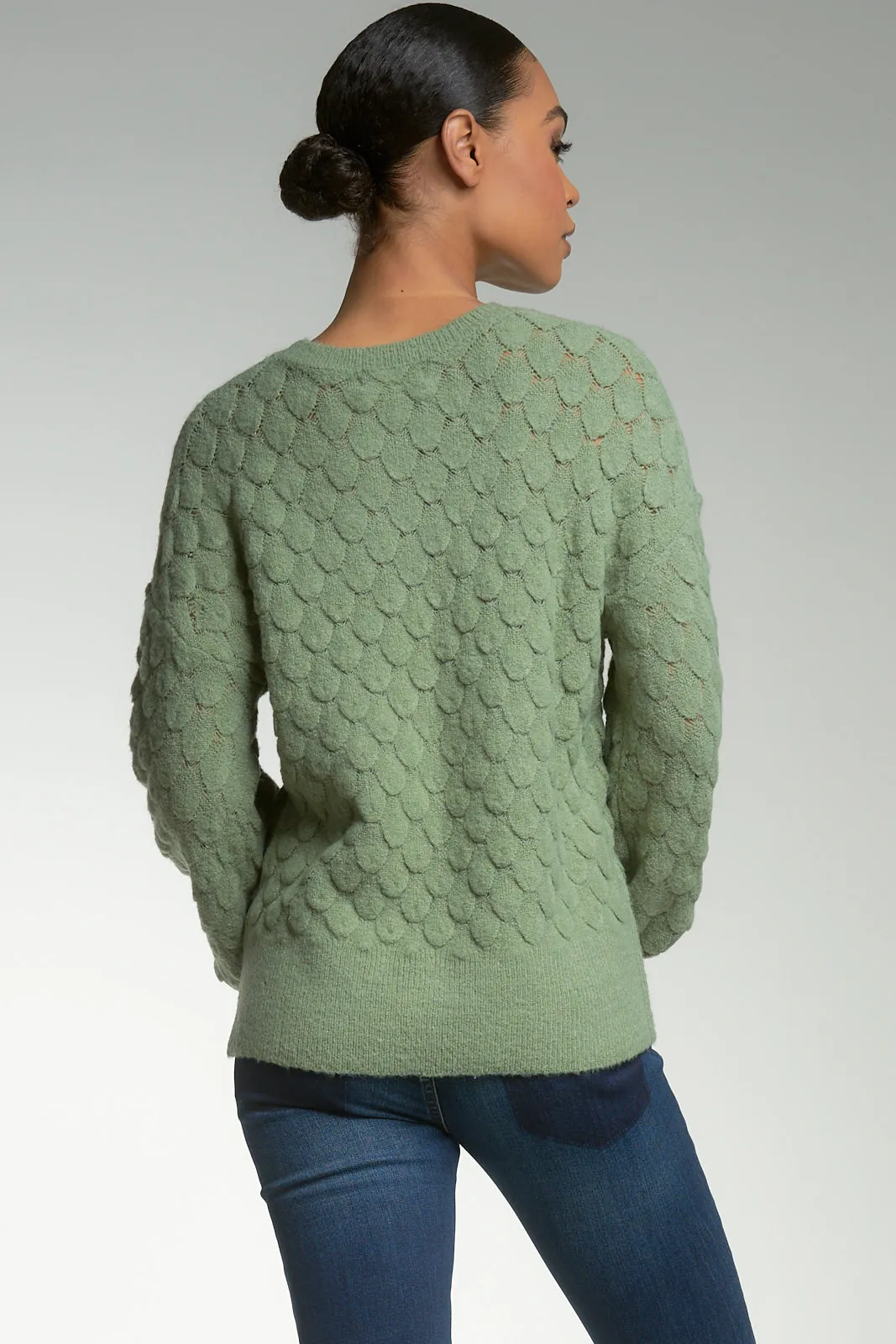 Green Leaf Crewneck Sweater with Bubble Texture