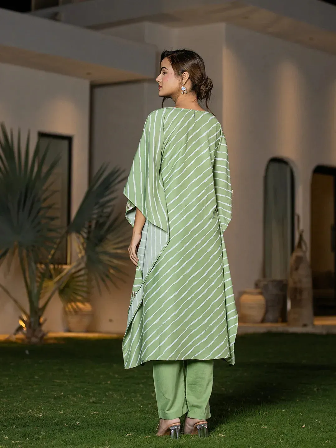 Green Silk Blend Thread Work Embroidery & Leheriya Print Kaftan Style Kurta Trouser Set