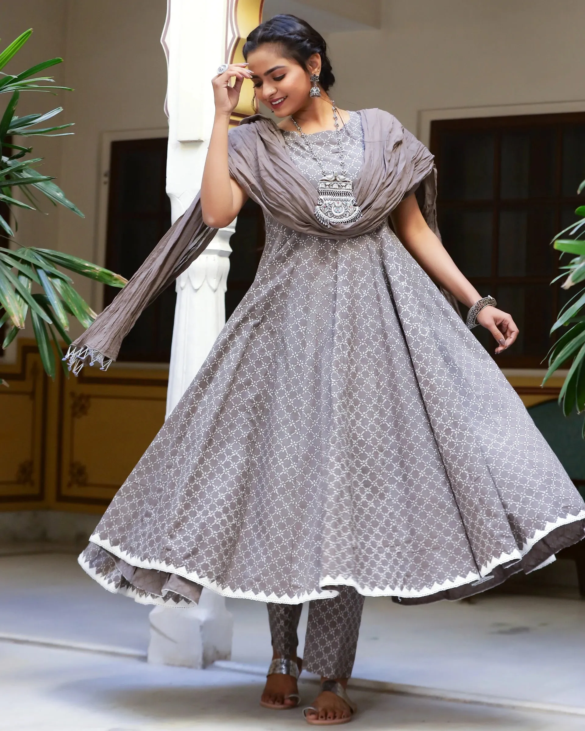 Grey Cotton Printed Anarkali Kurta Pant Set with Mulmul Dupatta