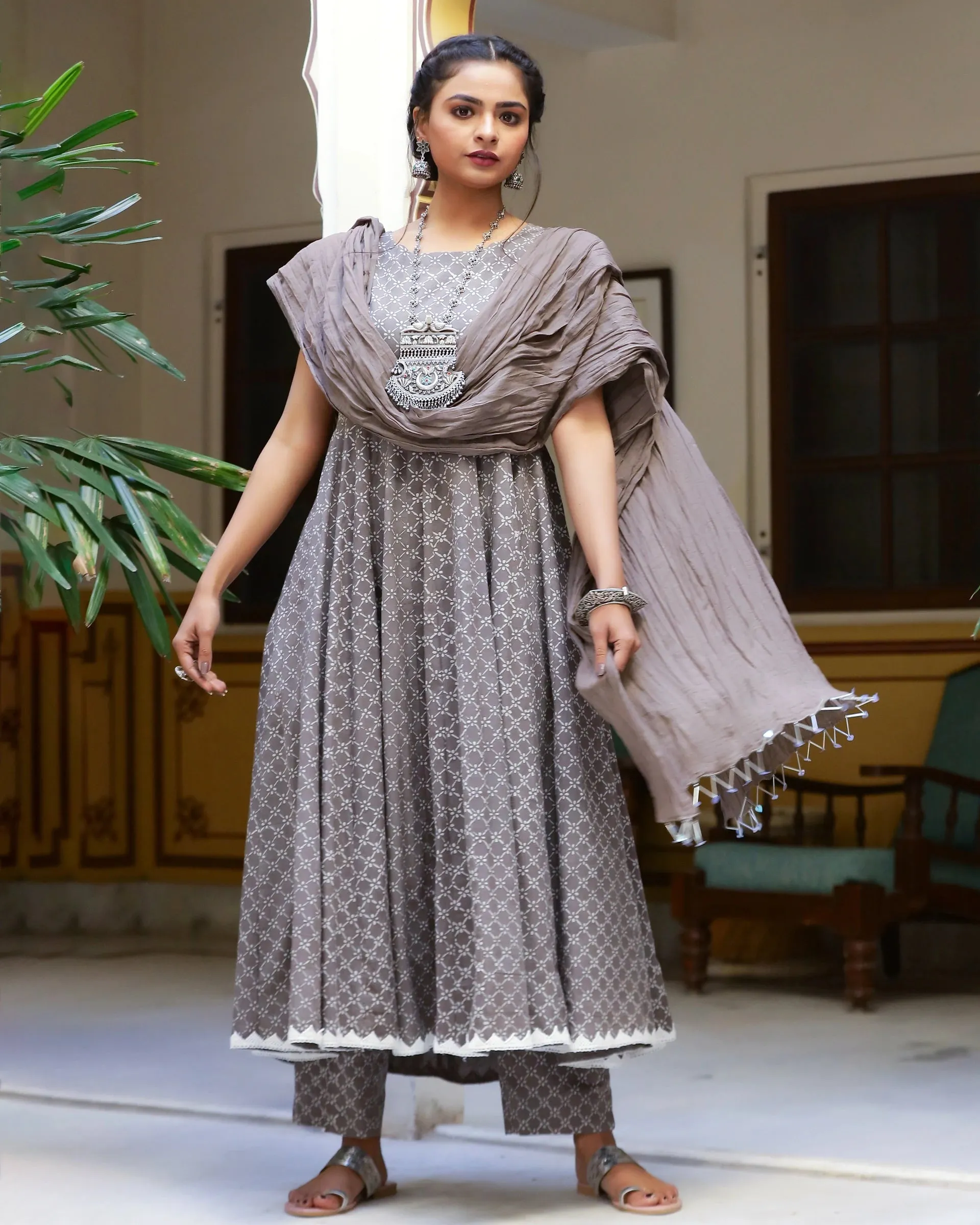 Grey Cotton Printed Anarkali Kurta Pant Set with Mulmul Dupatta