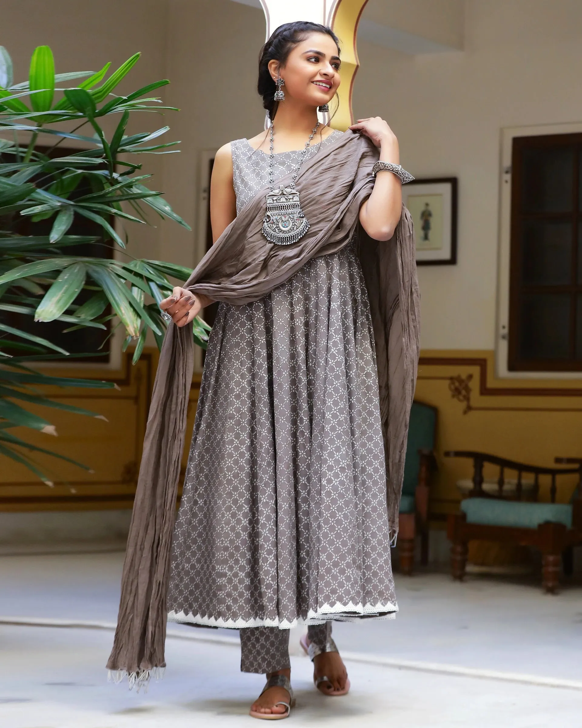 Grey Cotton Printed Anarkali Kurta Pant Set with Mulmul Dupatta