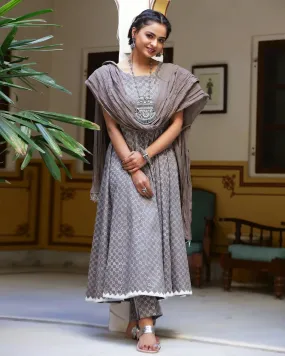 Grey Cotton Printed Anarkali Kurta Pant Set with Mulmul Dupatta