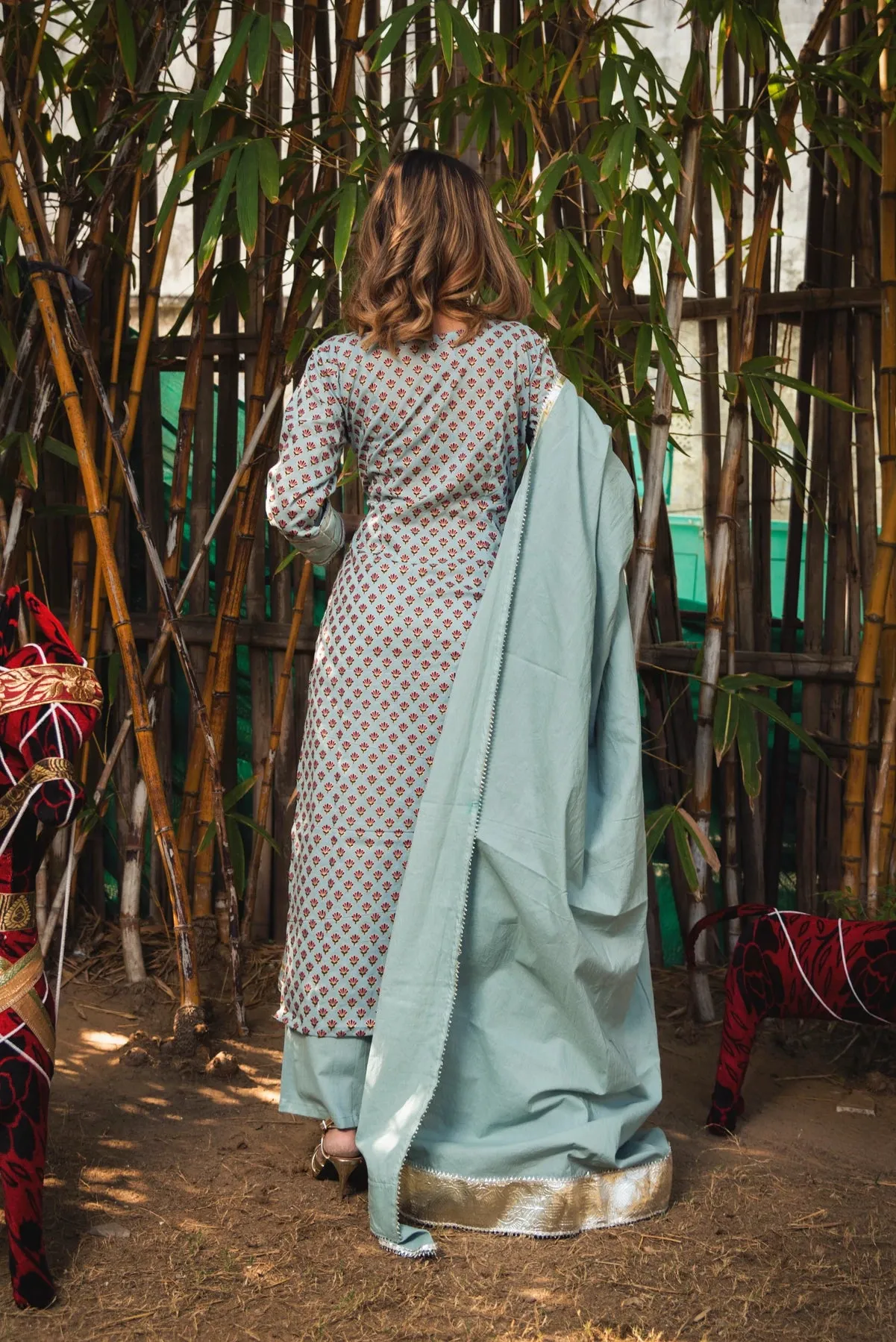 Grey Cotton Printed Suit Set with Dupatta