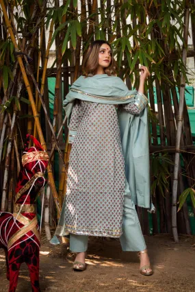 Grey Cotton Printed Suit Set with Dupatta