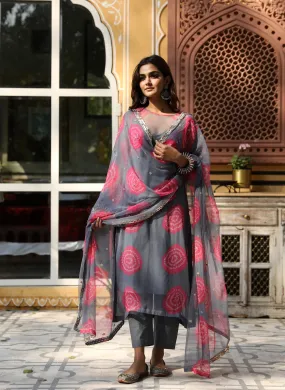 Grey-Pink Georgette Bandhej Print Kurta Palazzo Set