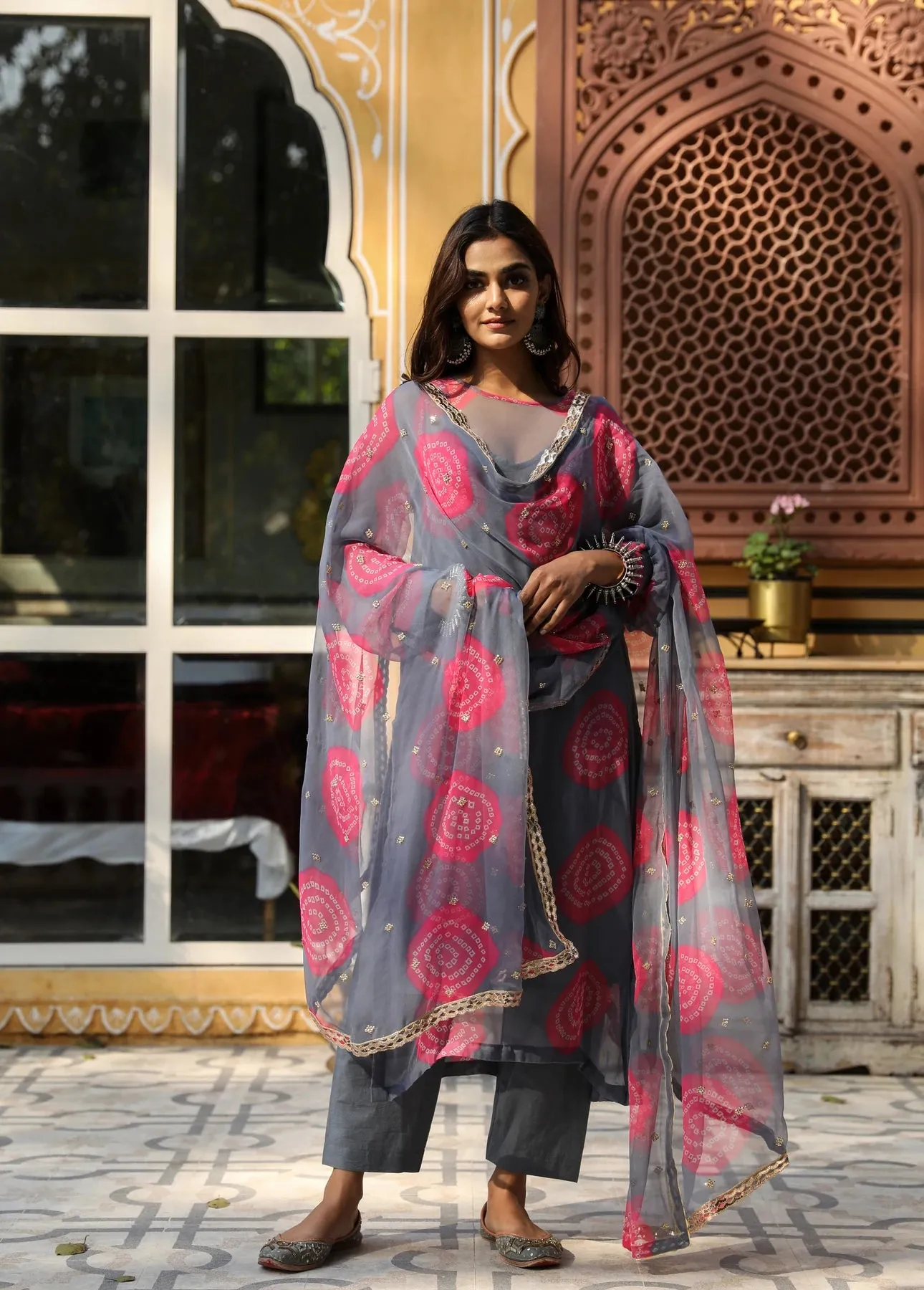 Grey-Pink Georgette Bandhej Print Kurta Palazzo Set