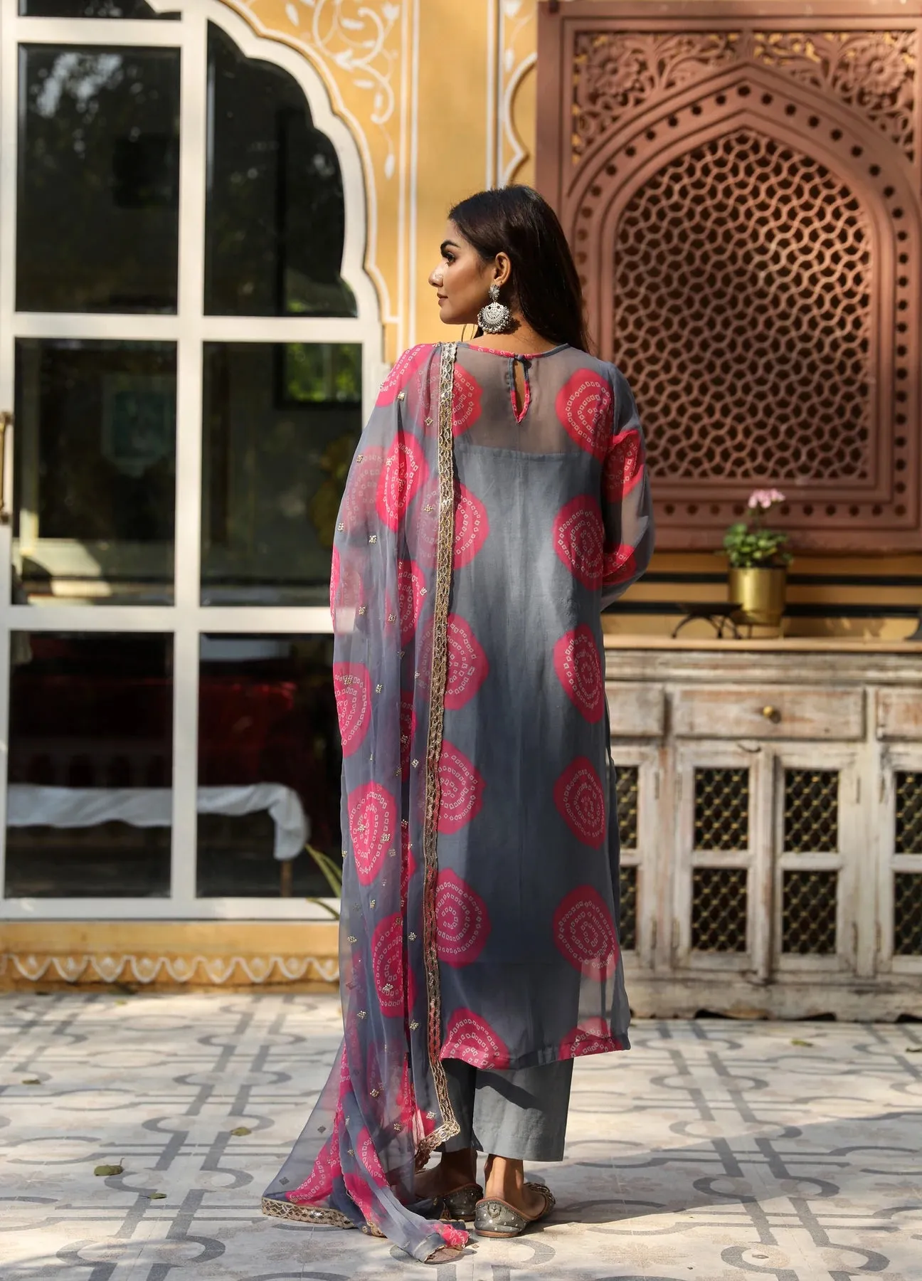 Grey-Pink Georgette Bandhej Print Kurta Palazzo Set