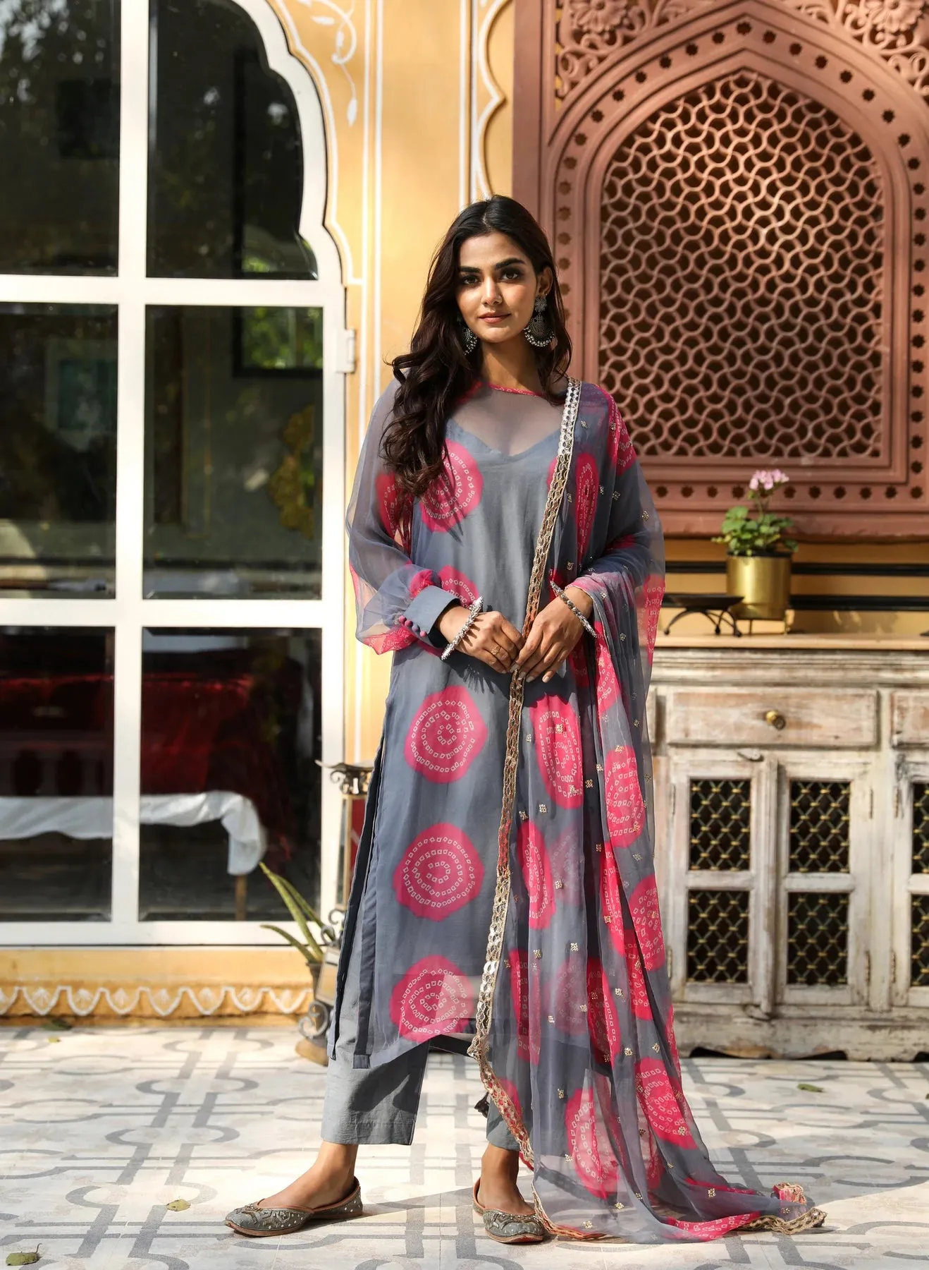 Grey-Pink Georgette Bandhej Print Kurta Palazzo Set