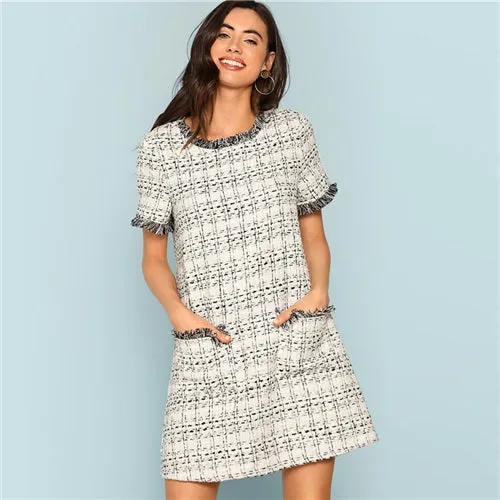 Grey Plaid Frayed Edge Button Detail Tweed Dress