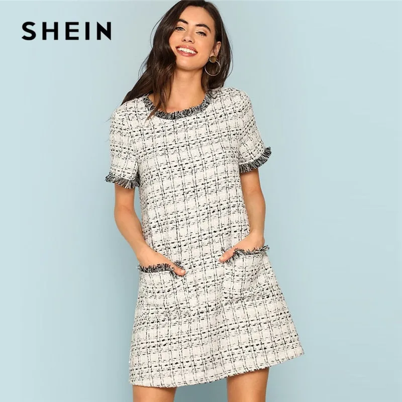 Grey Plaid Frayed Edge Button Detail Tweed Dress