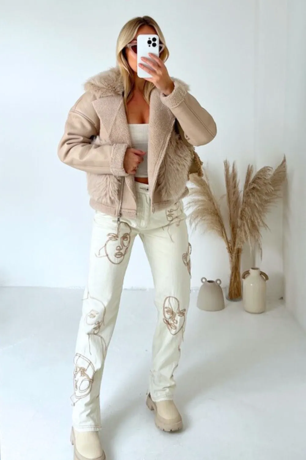 Harper cream aviator with faux fur pockets