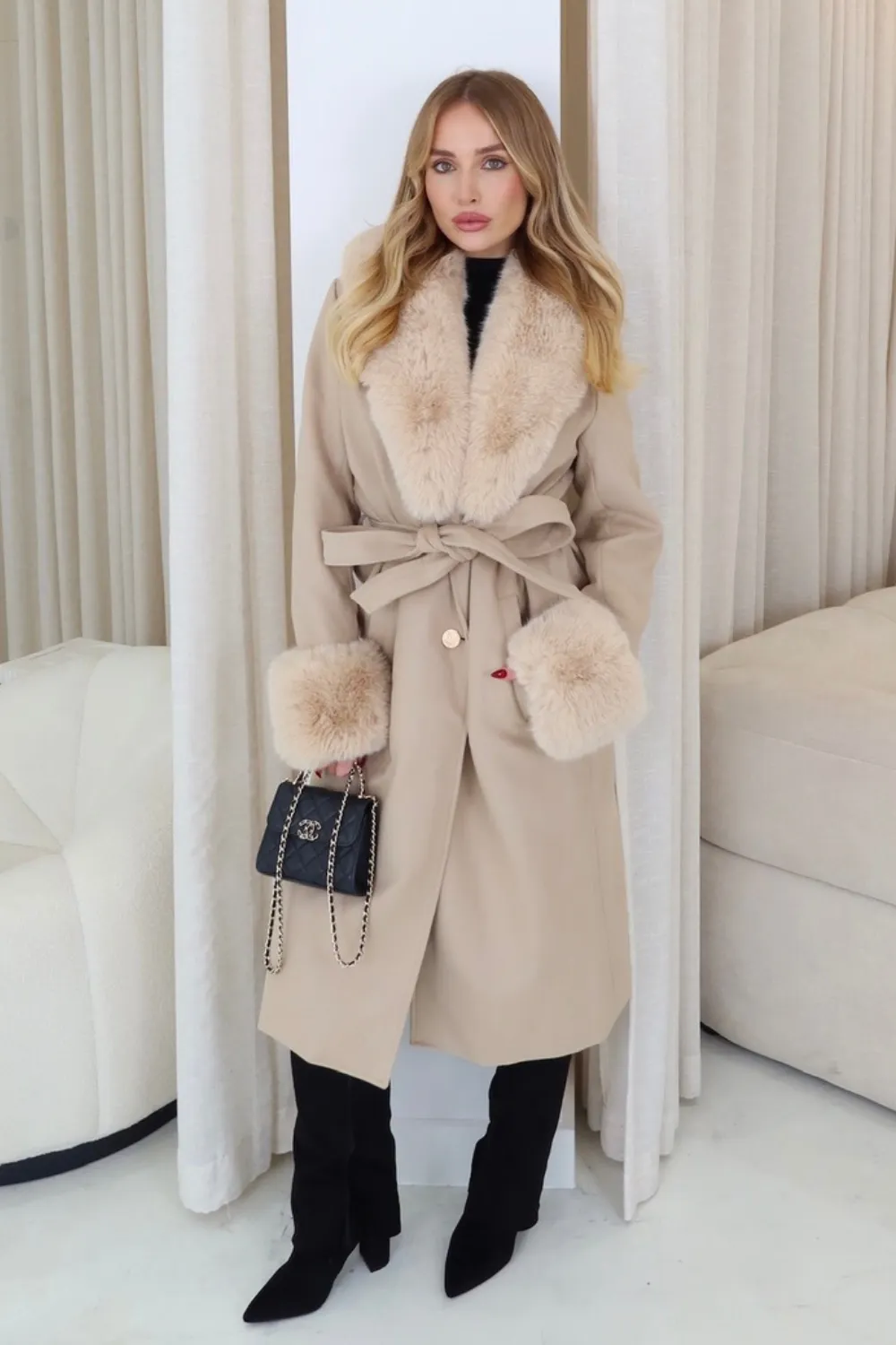 Hazel beige felt faux fur long coat