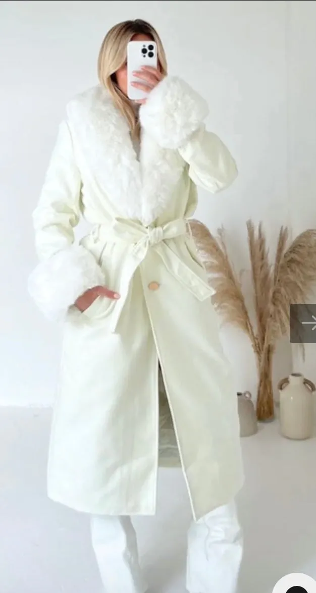 Hazel cream felt faux fur long coat