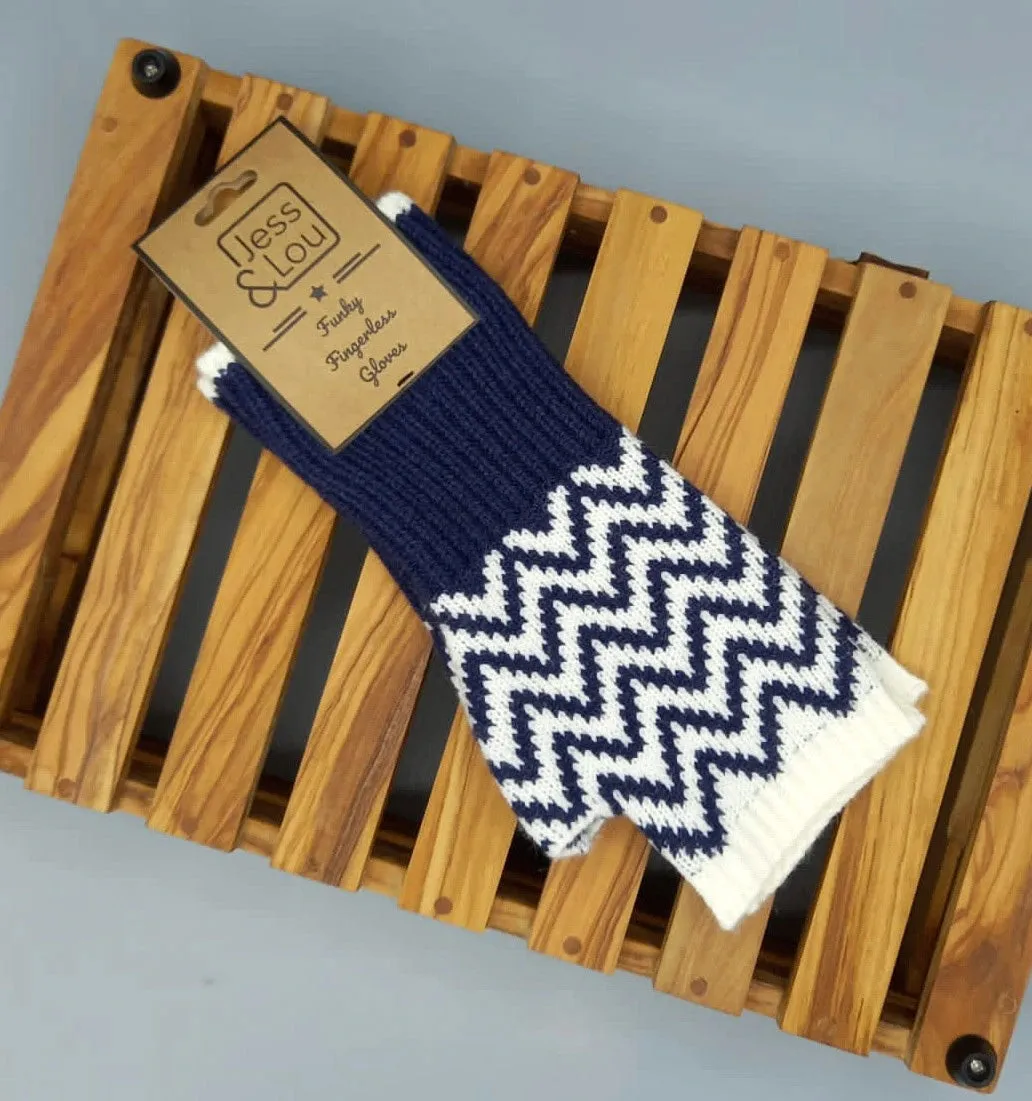 Herringbone Fingerless Gloves - Navy