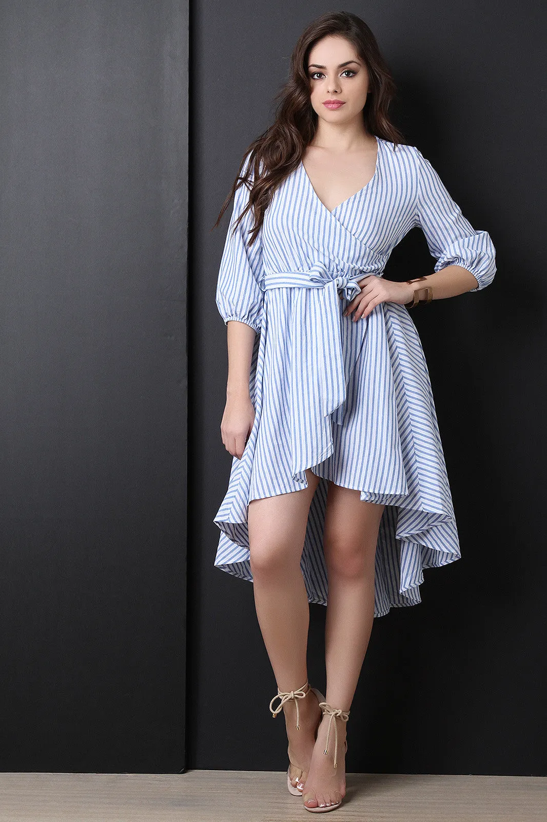 High Low Striped Surplice Skater Dress