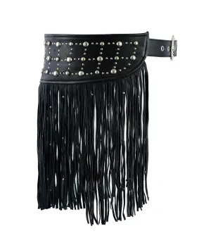 HL90260STUDWomen Leather Tassel Stud Hip Belt for Vintage Western Design Black Waist Belt