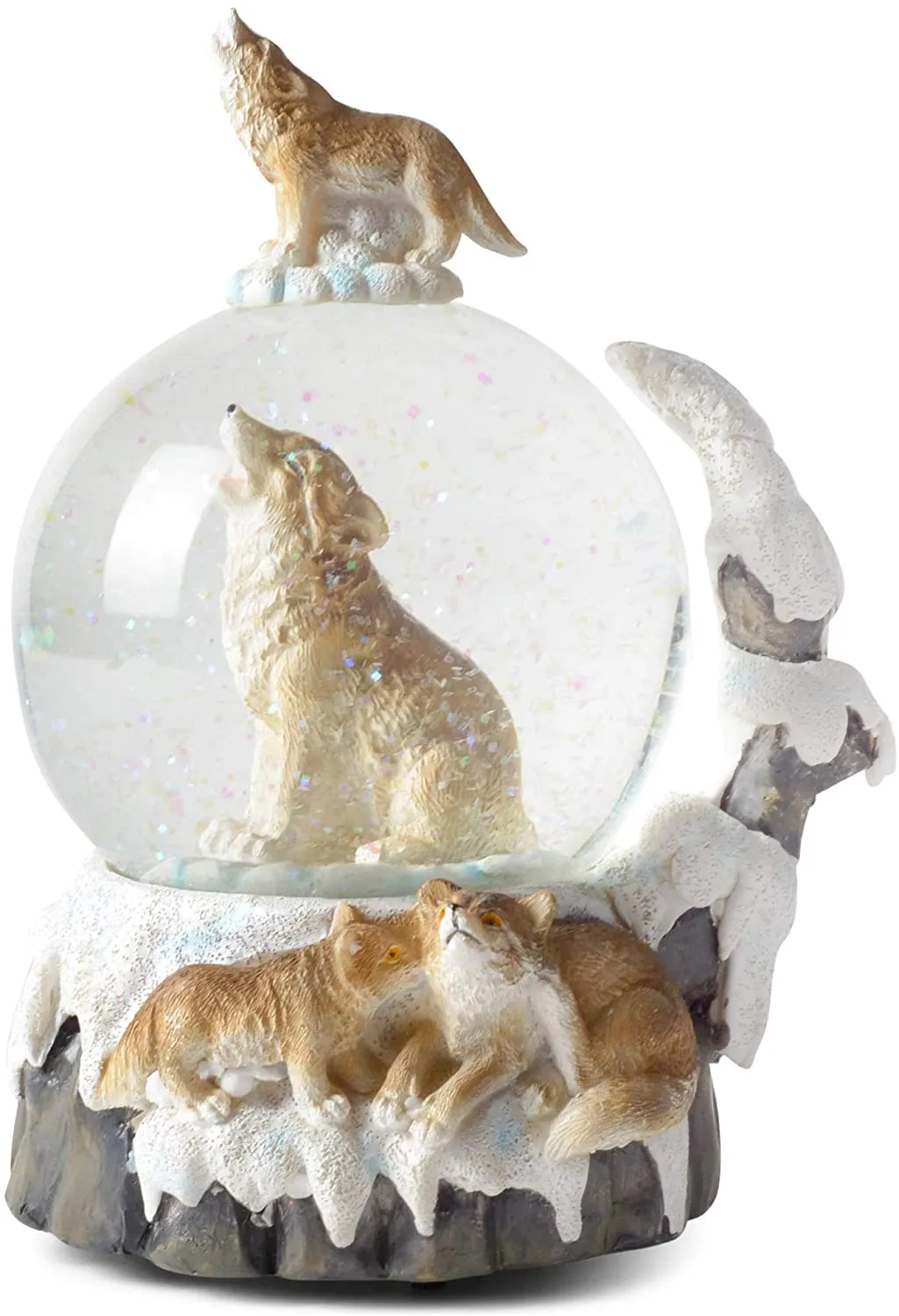 Howling Glitter Wolf with Babies Figurine 100MM Snow Globe Plays Tune Born Free