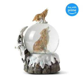 Howling Glitter Wolf with Babies Figurine 100MM Snow Globe Plays Tune Born Free