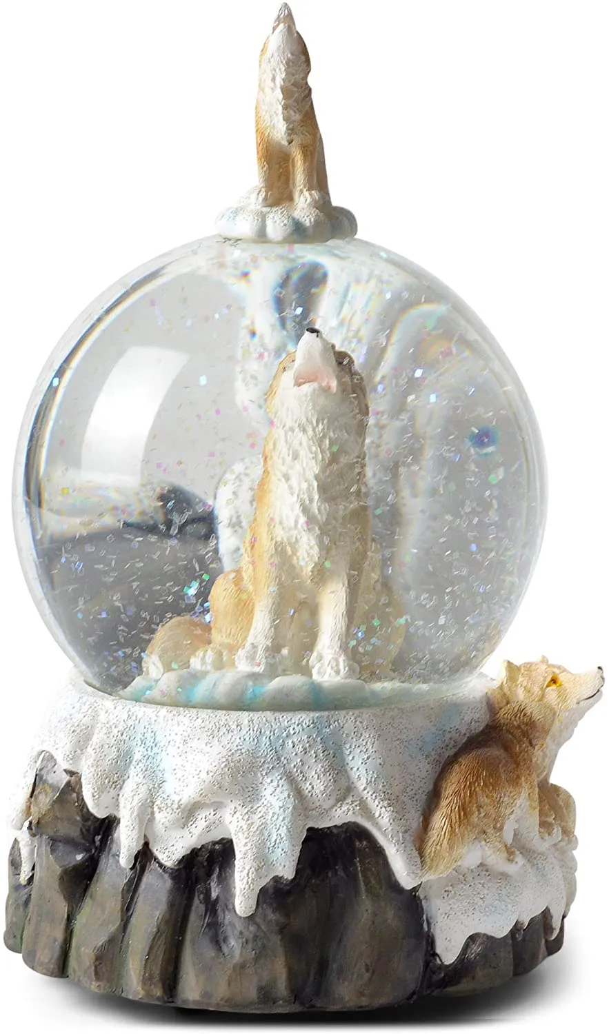 Howling Glitter Wolf with Babies Figurine 100MM Snow Globe Plays Tune Born Free