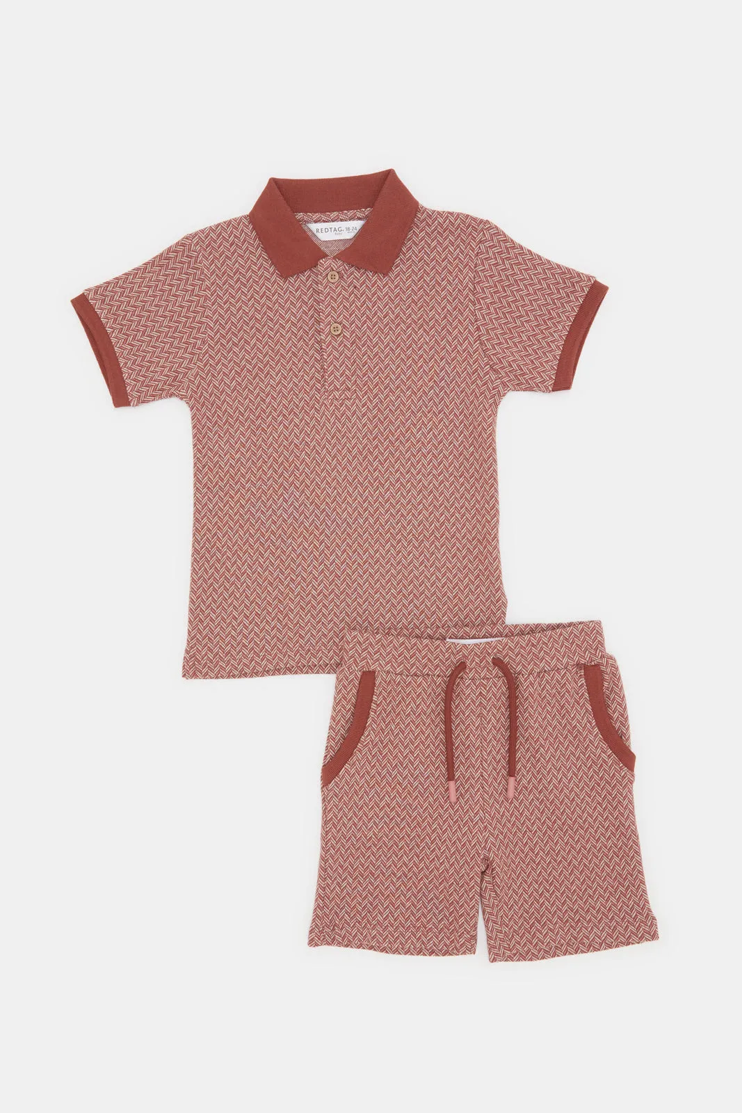 Infant Boys Cream And Brown Jacquard Polo And Short Set (2 Piece)