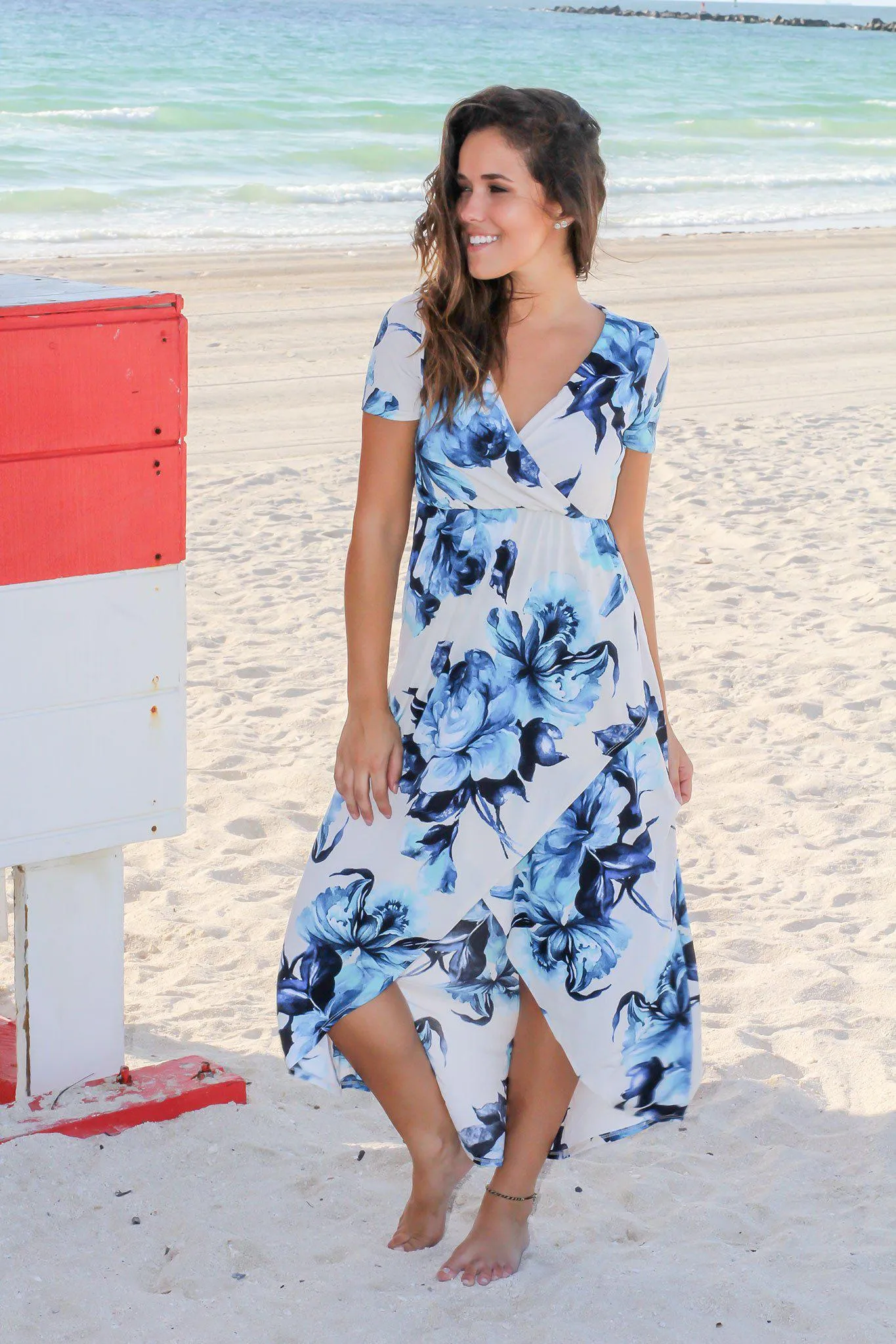 Ivory and Blue Floral High Low Dress with Short Sleeves